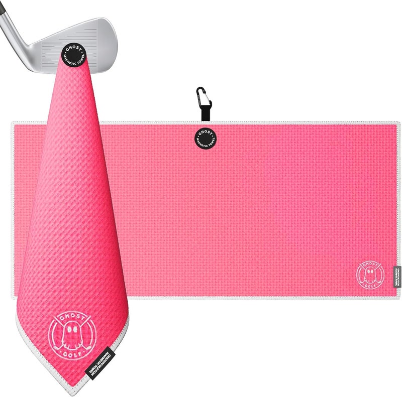Ghost Golf Magnetic Towel (Caddie) - Premium Ultra-Absorbent Microfiber Golf Towel with Magnet for Golf Carts or Clubs - 18" x 40" Golfing Gear - Waffle Weave Pattern (Hot Pink) - Image 1